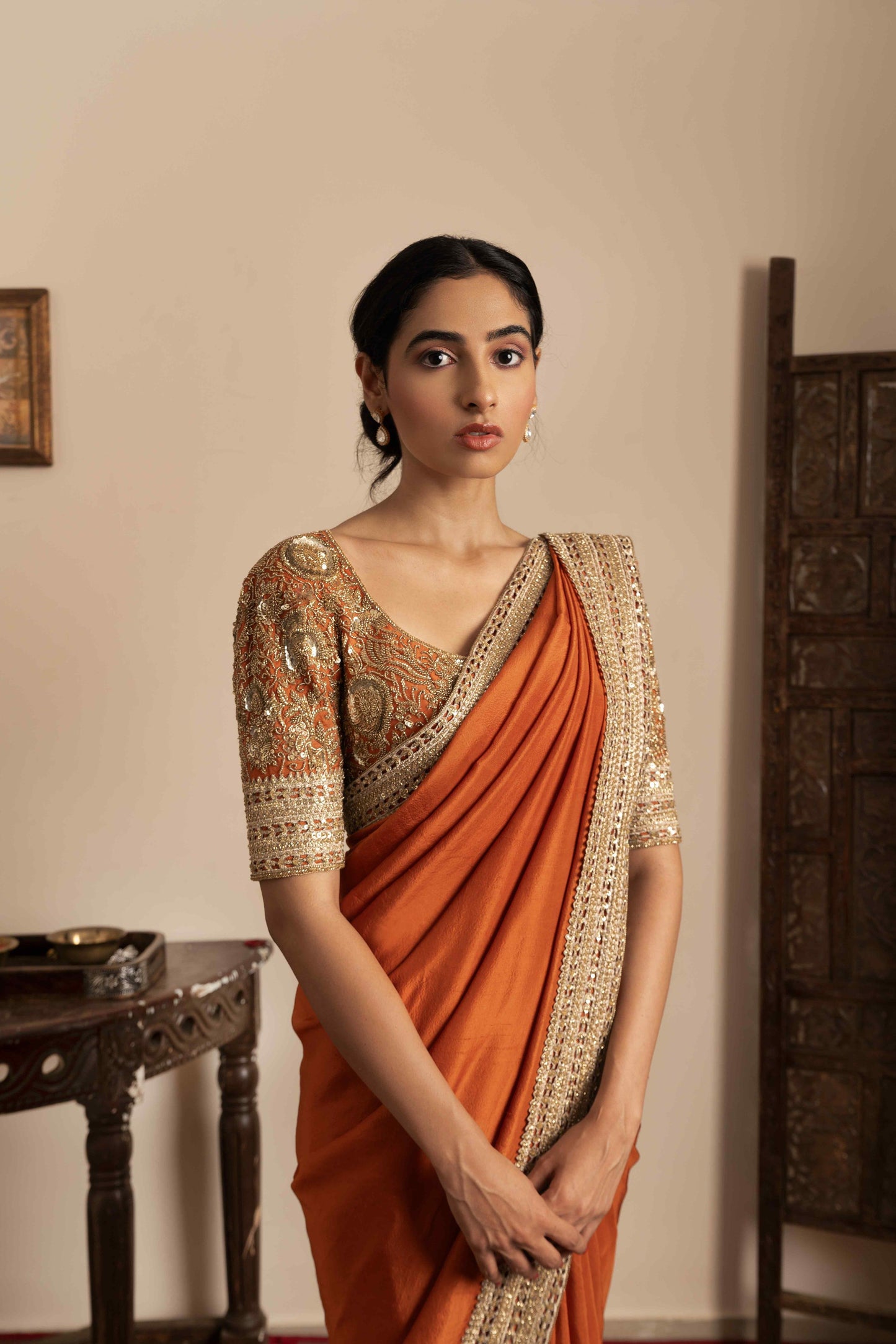 Kashida zari embroidered border saree set - My Store