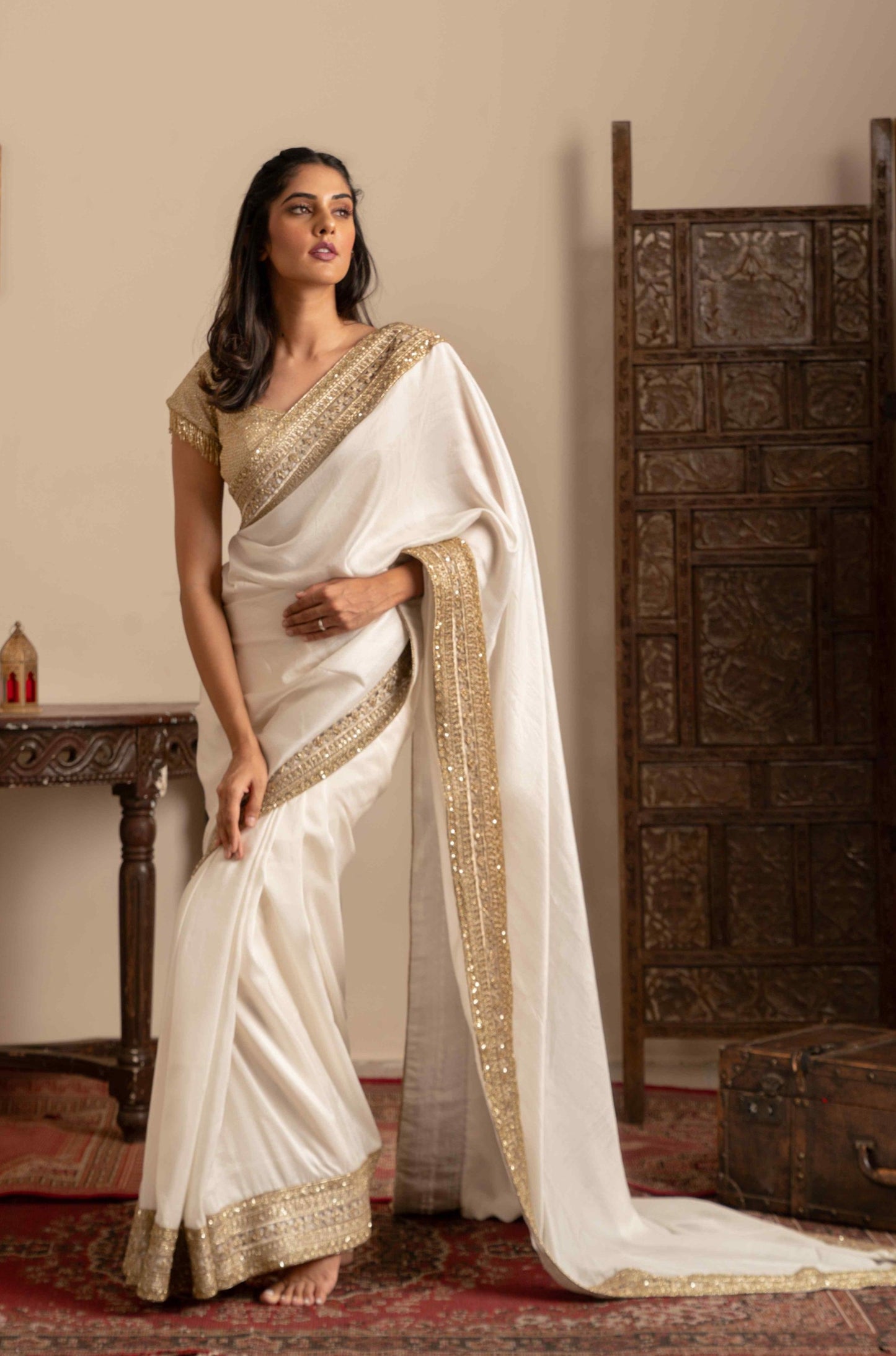 Madhubani zari embroidered border saree set - My Store