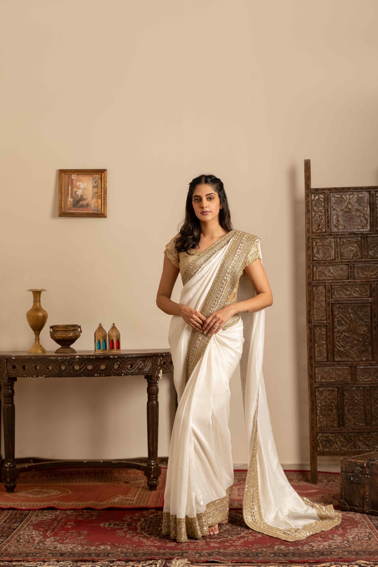 Madhubani zari embroidered border saree set - My Store