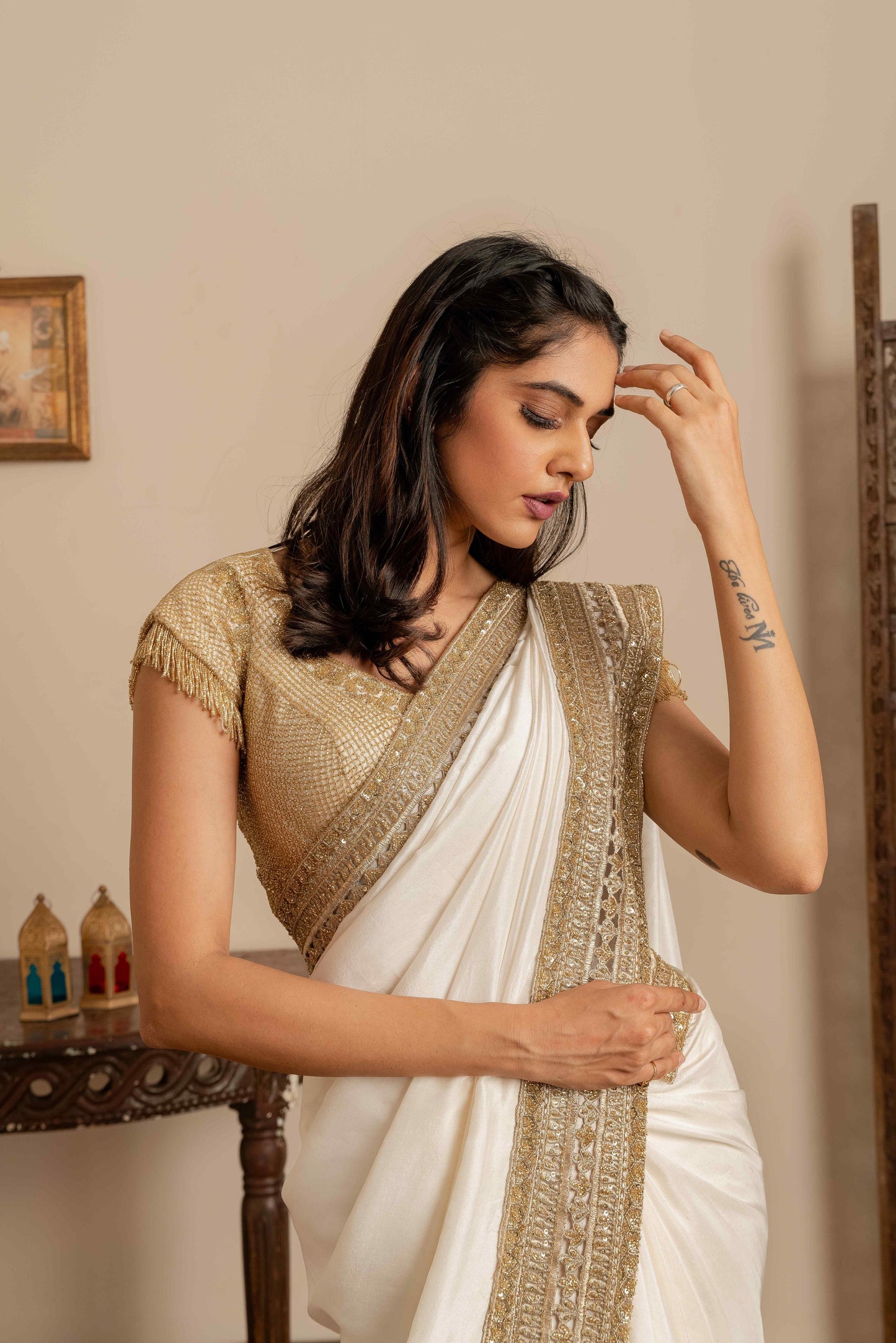 Madhubani zari embroidered border saree set - My Store