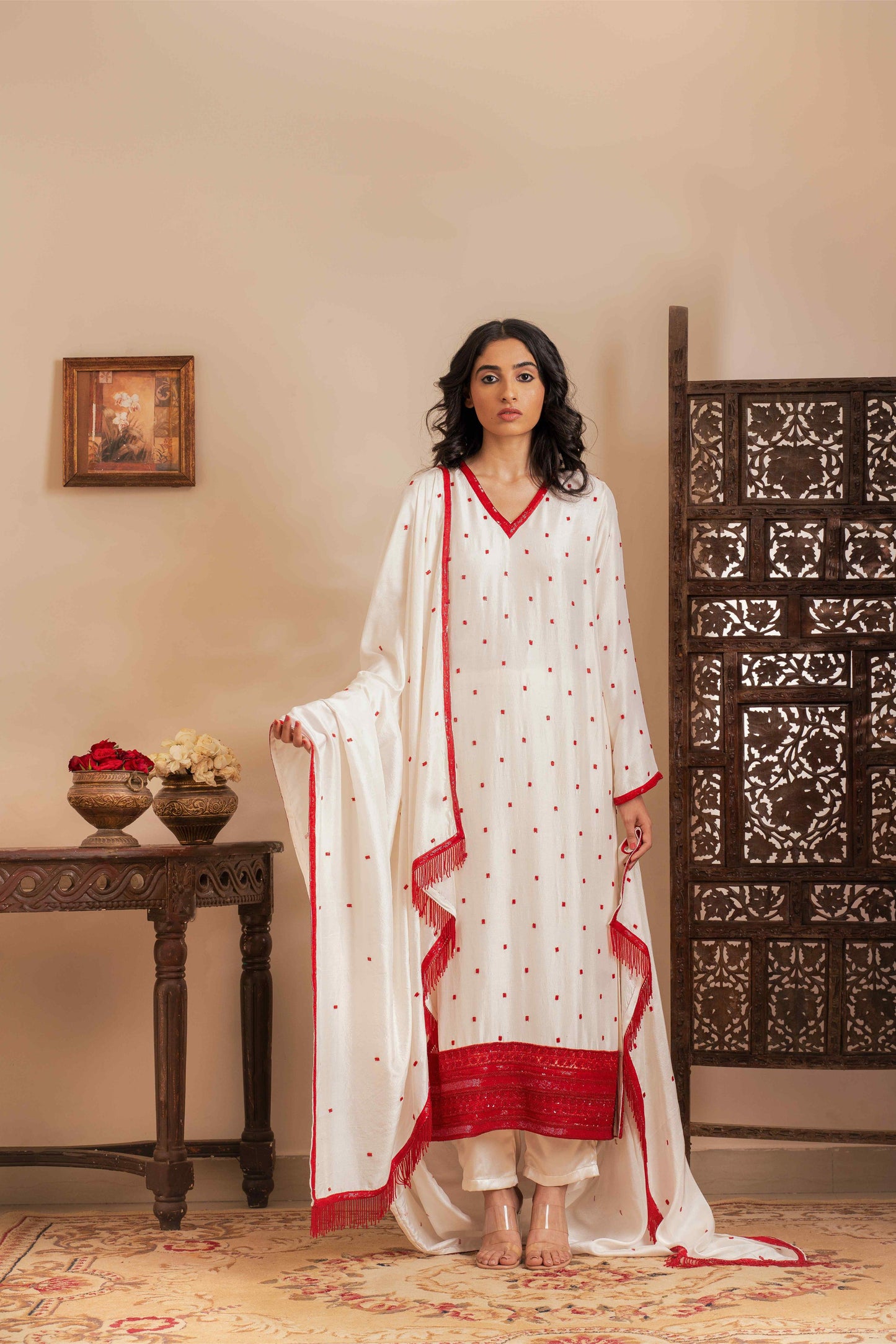 Ivory v-neck kurti set - My Store