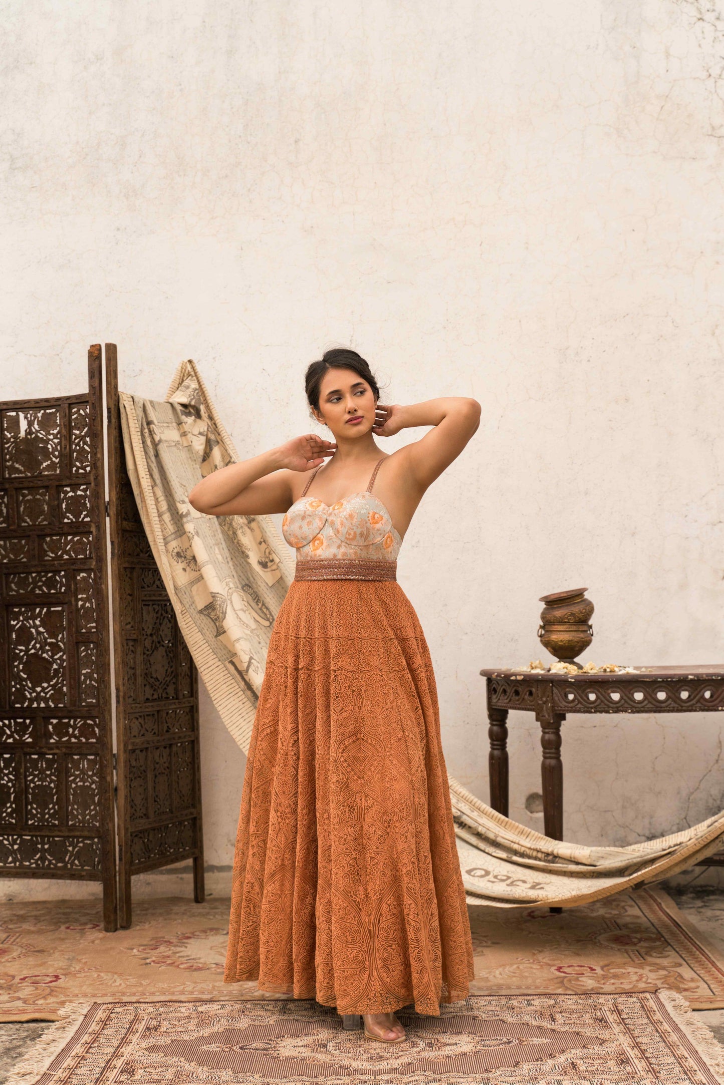 Detachable chintz & kashida dress with embroidered straps and belt - My Store