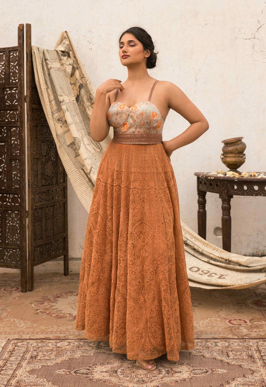 Detachable chintz & kashida dress with embroidered straps and belt - My Store