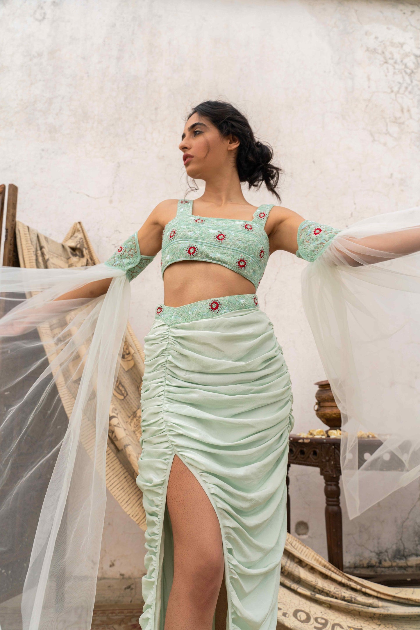 Gathered chintz skirt set with detachable sleeves - My Store